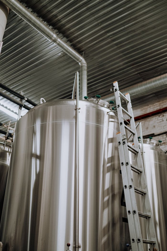 Vertical view of stainless steel fermenter tanks with a metal ladder in a brewery.